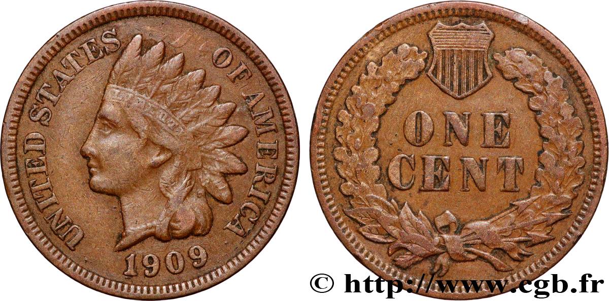 UNITED STATES OF AMERICA 1 Cent tête d’indien, 3e type 1909 Philadelphie XF 