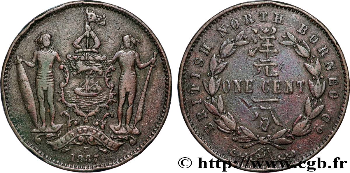 MALAISIE - BORNÉO DU NORD BRITANNIQUE 1 Cent Compagnie britannique du Nord-Bornéo 1887 Heaton TB+ 