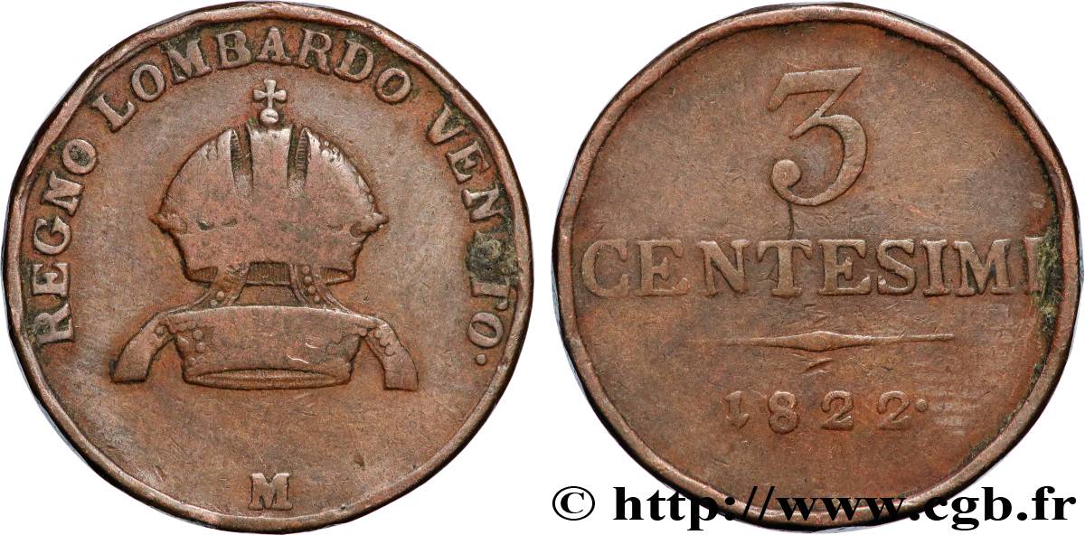 ITALY - LOMBARDY-VENETIA 3 Centesimi 1822 Milan - M VF 