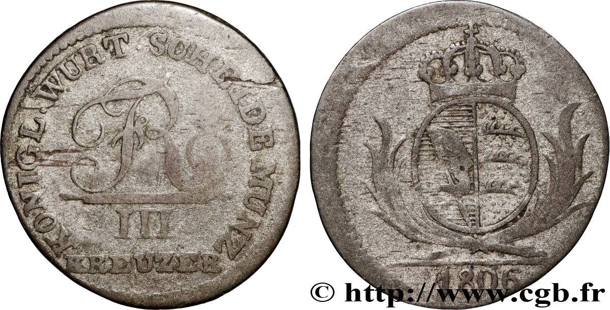 GERMANIA - WÜRTEMBERG 3 Kreuzer Frédéric Ier 1806 Stuttgart MB 