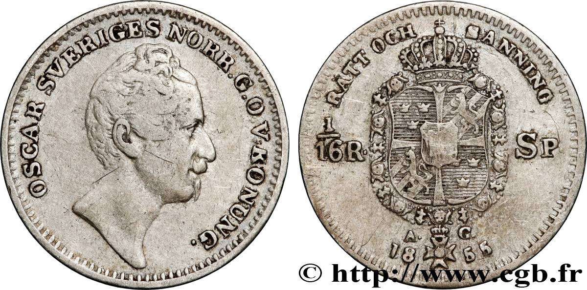 SWEDEN 1/16 Riksdaler Oscar I 1855  VF 