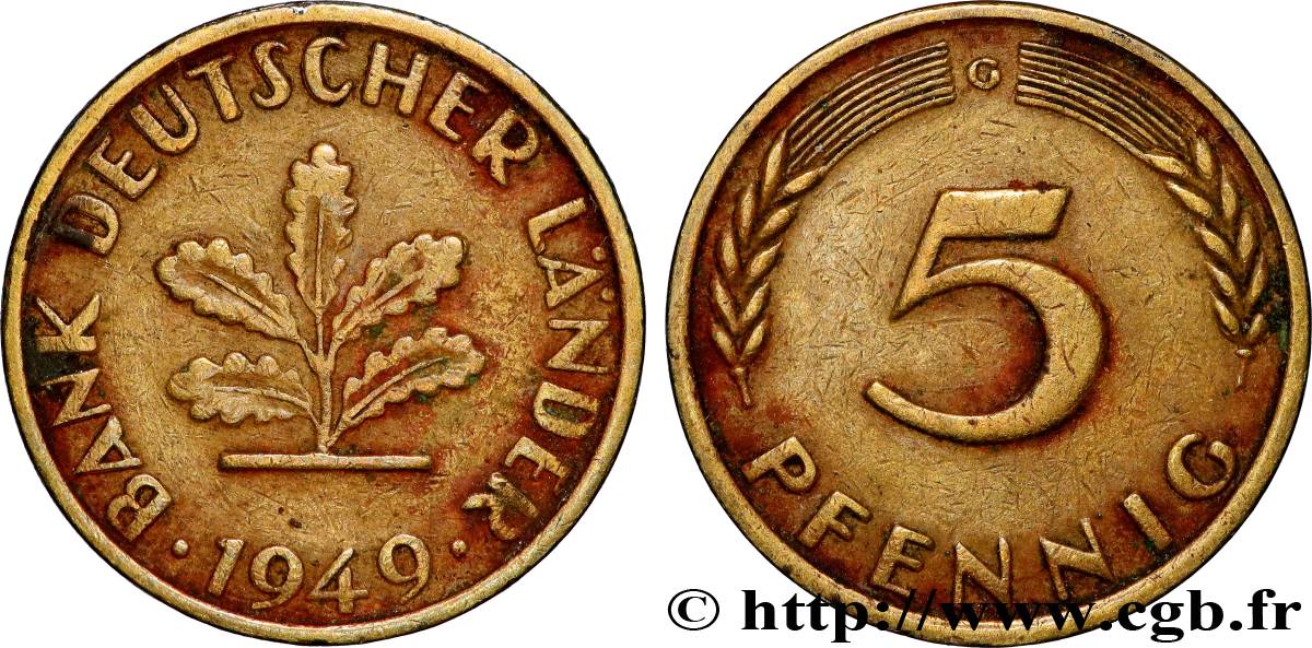 GERMANY 5 Pfennig “Bank deutscher Länder” 1949 Karlsruhe XF 