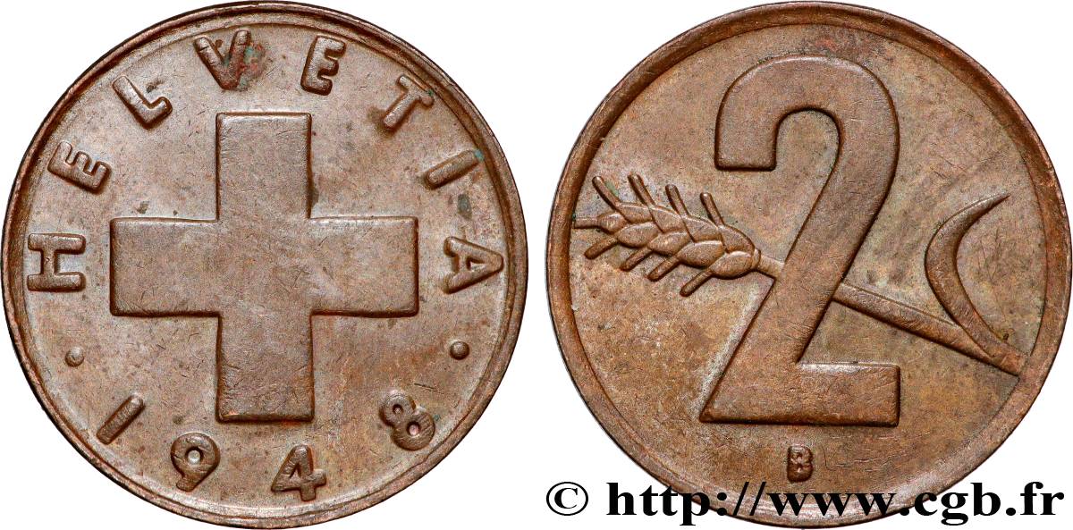 SWITZERLAND 2 Centimes (Rappen) croix suisse 1948 Berne XF 
