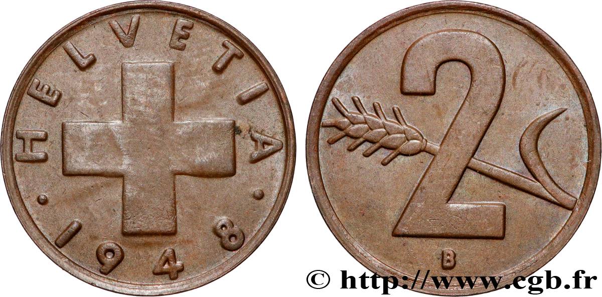 SWITZERLAND 2 Centimes (Rappen) croix suisse 1948 Berne XF 