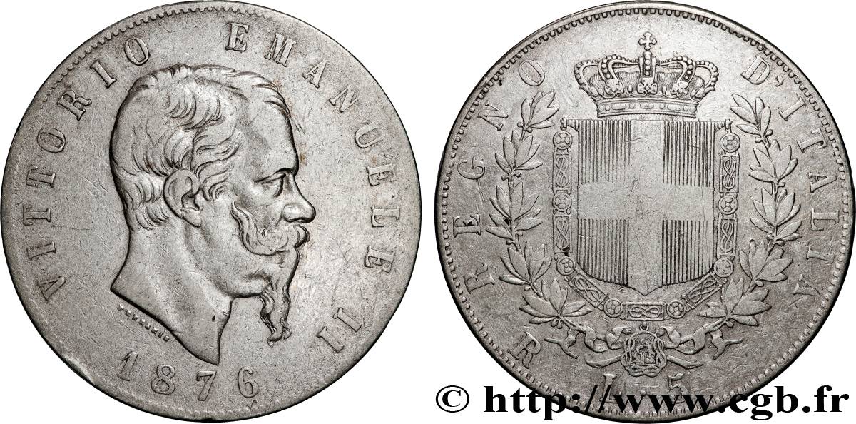 ITALIE 5 Lire Victor Emmanuel II 1876 Rome TB+ 