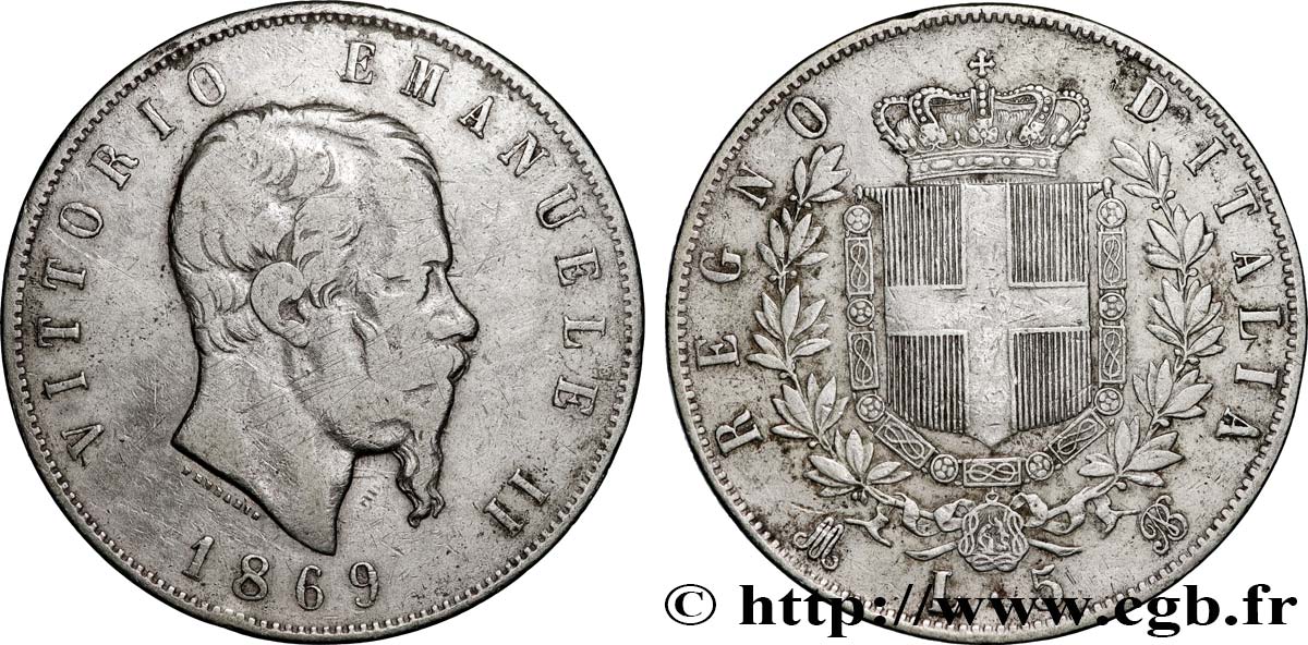 ITALIE 5 Lire Victor Emmanuel II 1869 Milan TB+ 