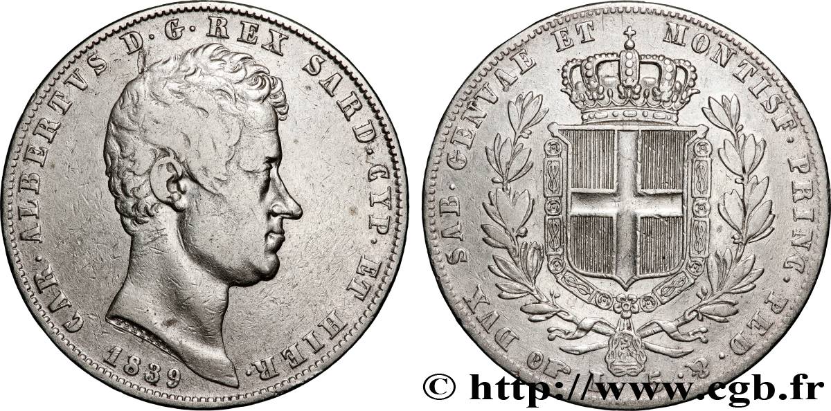 ITALIEN - KÖNIGREICH SARDINIEN 5 Lire Charles Albert 1839 Turin fSS 