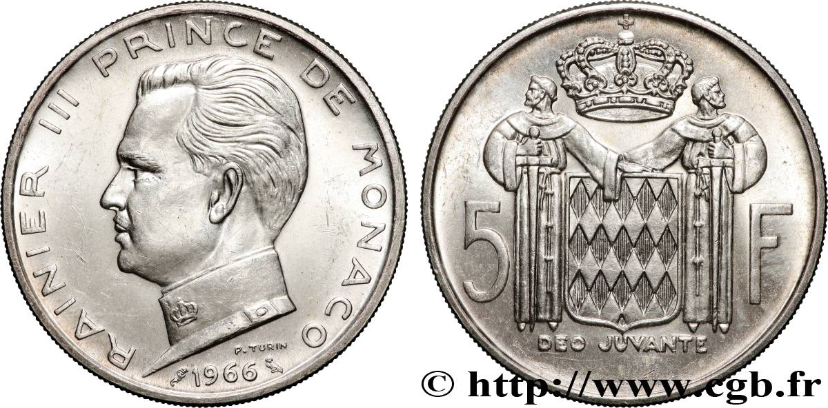 MONACO 5 Francs Prince Rainier III 1966 Paris AU 