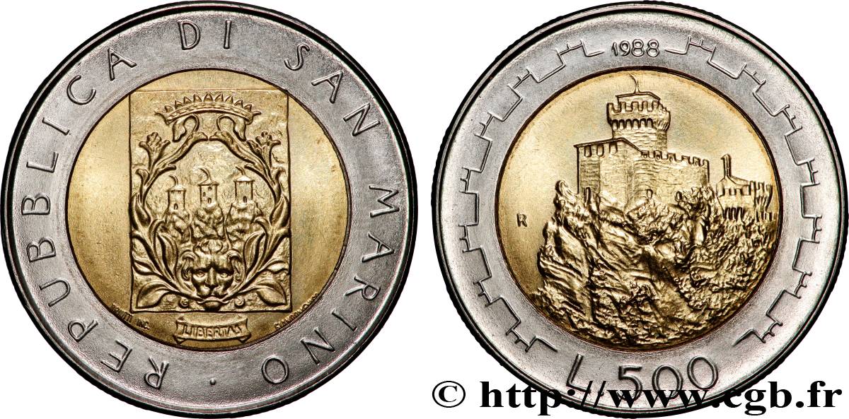 SAN MARINO 500 Lire Fortifications 1988 Rome SPL 