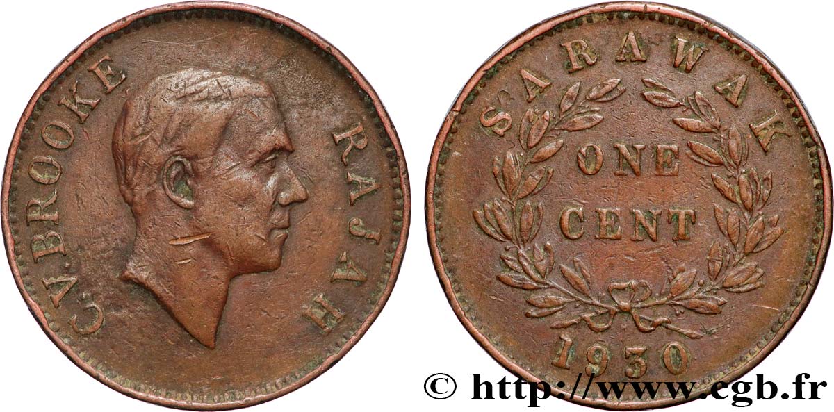 SARAWAK 1 Cent Sarawak Rajah C.V. Brooke 1930 Heaton VF 