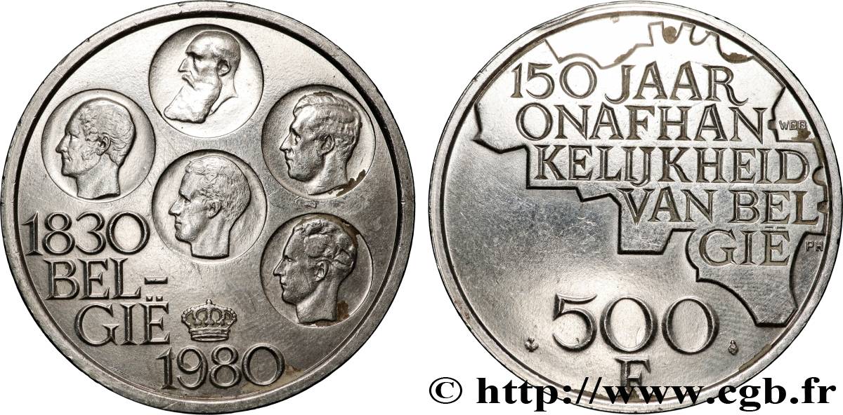 BELGIO 500 Francs légende flamande 150e anniversaire de l’indépendance, portrait des 5 rois / carte de Belgique 1980 Bruxelles SPL 