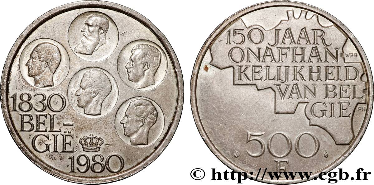 BELGIQUE 500 Francs légende flamande 150e anniversaire de l’indépendance, portrait des 5 rois / carte de Belgique 1980 Bruxelles SUP 