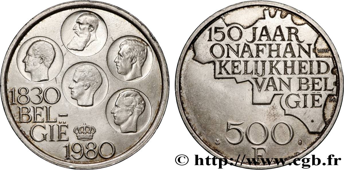 BELGIQUE 500 Francs légende flamande 150e anniversaire de l’indépendance, portrait des 5 rois / carte de Belgique 1980 Bruxelles SUP 