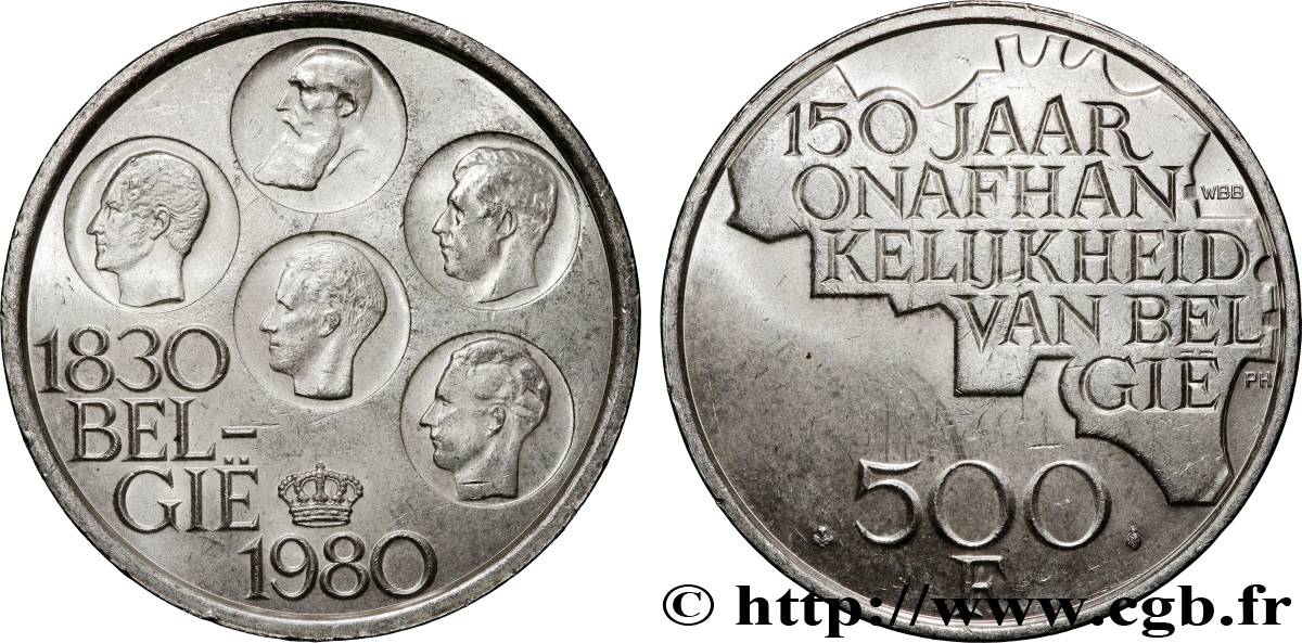 BELGIUM 500 Francs légende flamande 150e anniversaire de l’indépendance, portrait des 5 rois / carte de Belgique 1980 Bruxelles AU 
