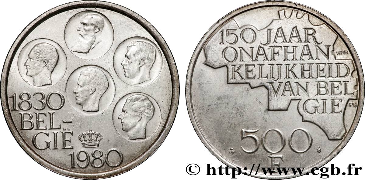 BELGIEN 500 Francs légende flamande 150e anniversaire de l’indépendance, portrait des 5 rois / carte de Belgique 1980 Bruxelles VZ 