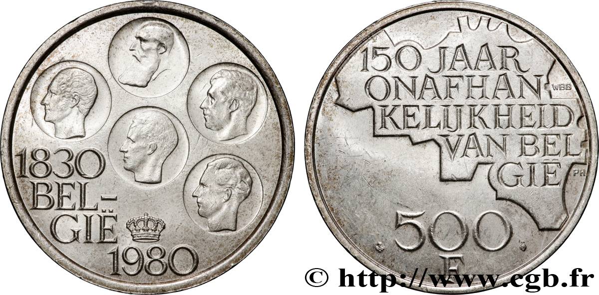 BELGIO 500 Francs légende flamande 150e anniversaire de l’indépendance, portrait des 5 rois / carte de Belgique 1980 Bruxelles SPL 