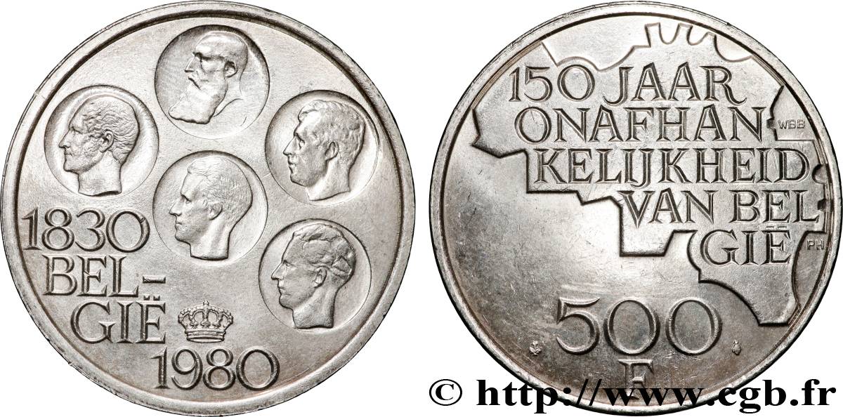 BELGIUM 500 Francs légende flamande 150e anniversaire de l’indépendance, portrait des 5 rois / carte de Belgique 1980 Bruxelles AU 