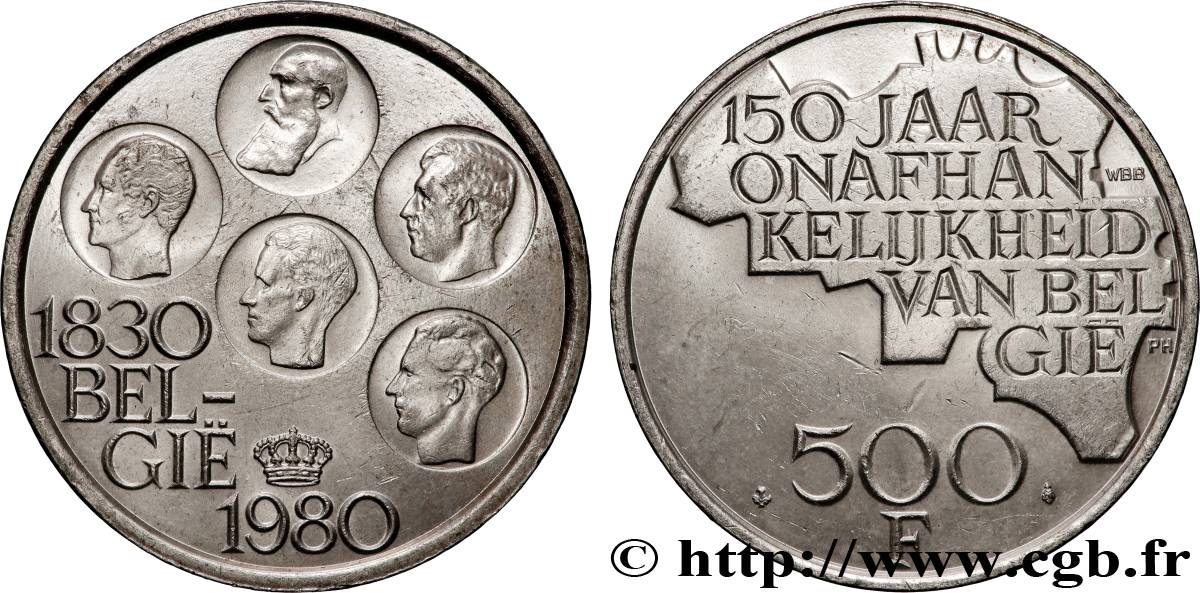 BELGIQUE 500 Francs légende flamande 150e anniversaire de l’indépendance, portrait des 5 rois / carte de Belgique 1980 Bruxelles SUP 