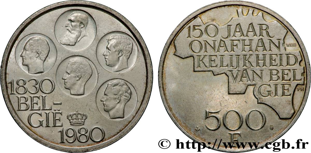 BELGIQUE 500 Francs légende flamande 150e anniversaire de l’indépendance, portrait des 5 rois / carte de Belgique 1980 Bruxelles SUP 