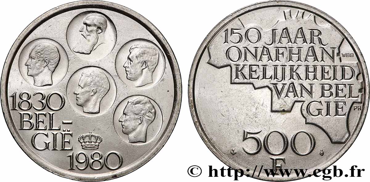 BELGIEN 500 Francs légende flamande 150e anniversaire de l’indépendance, portrait des 5 rois / carte de Belgique 1980 Bruxelles VZ 