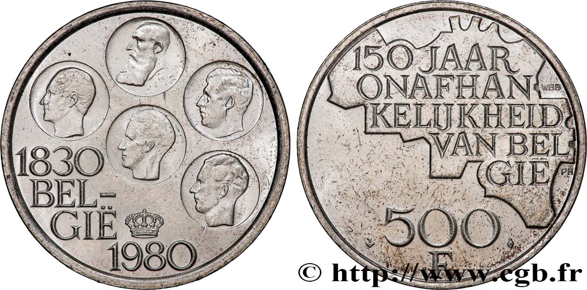 BELGIUM 500 Francs légende flamande 150e anniversaire de l’indépendance, portrait des 5 rois / carte de Belgique 1980 Bruxelles AU 