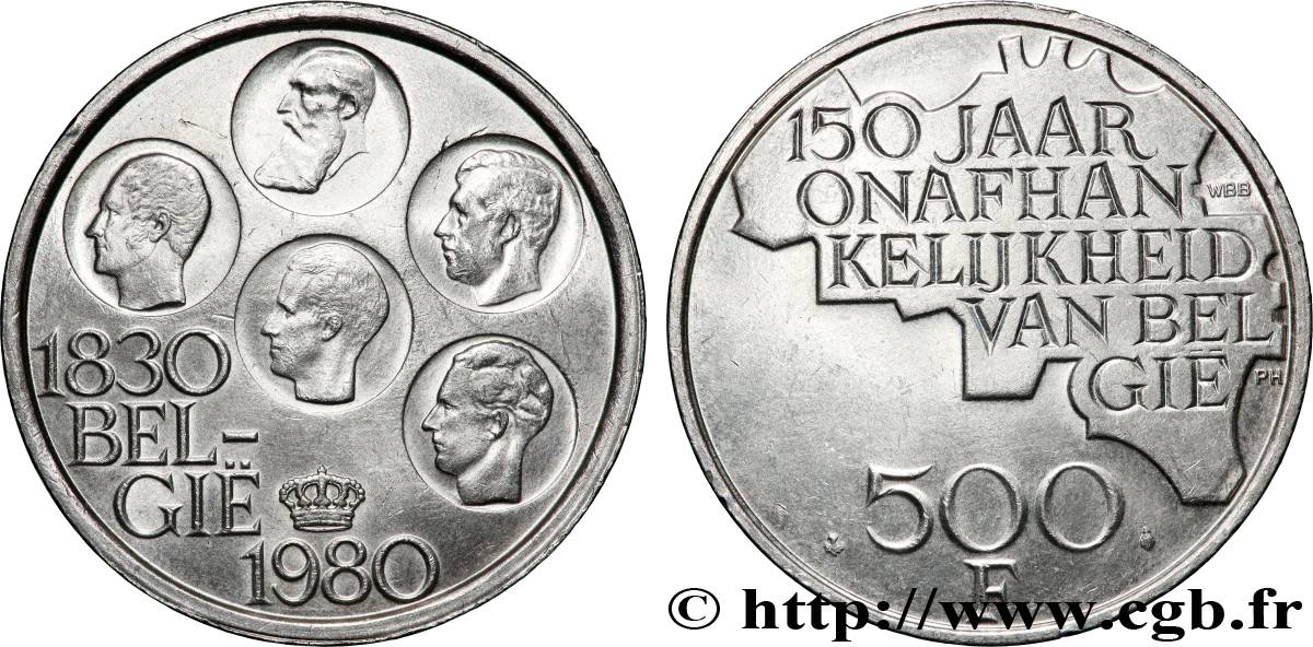 BELGIO 500 Francs légende flamande 150e anniversaire de l’indépendance, portrait des 5 rois / carte de Belgique 1980 Bruxelles SPL 