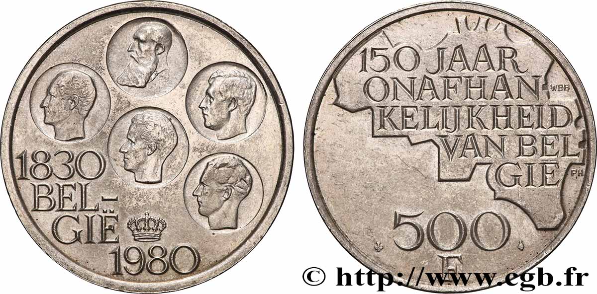 BELGIEN 500 Francs légende flamande 150e anniversaire de l’indépendance, portrait des 5 rois / carte de Belgique 1980 Bruxelles VZ 