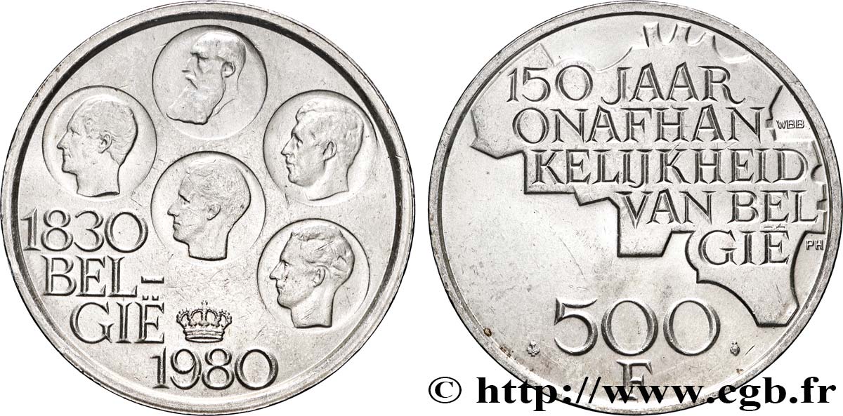 BELGIQUE 500 Francs légende flamande 150e anniversaire de l’indépendance, portrait des 5 rois / carte de Belgique 1980 Bruxelles SUP 