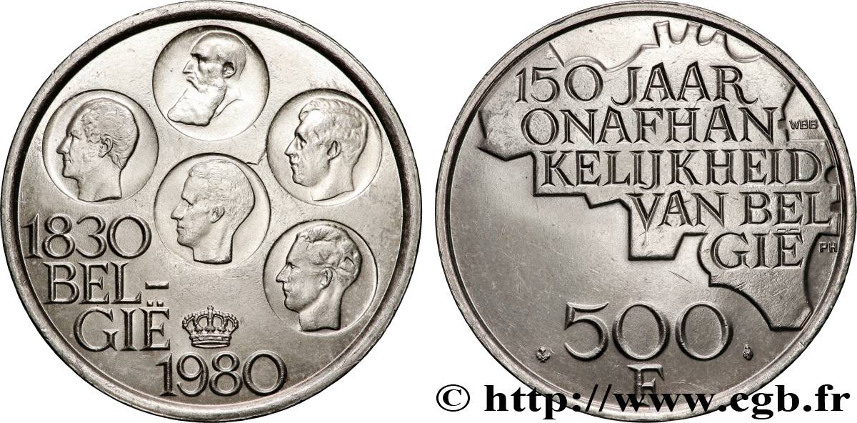 BELGIEN 500 Francs légende flamande 150e anniversaire de l’indépendance, portrait des 5 rois / carte de Belgique 1980 Bruxelles VZ 