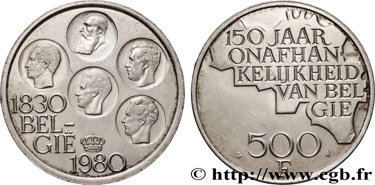 BELGIQUE 500 Francs légende flamande 150e anniversaire de l’indépendance, portrait des 5 rois / carte de Belgique 1980 Bruxelles SUP 