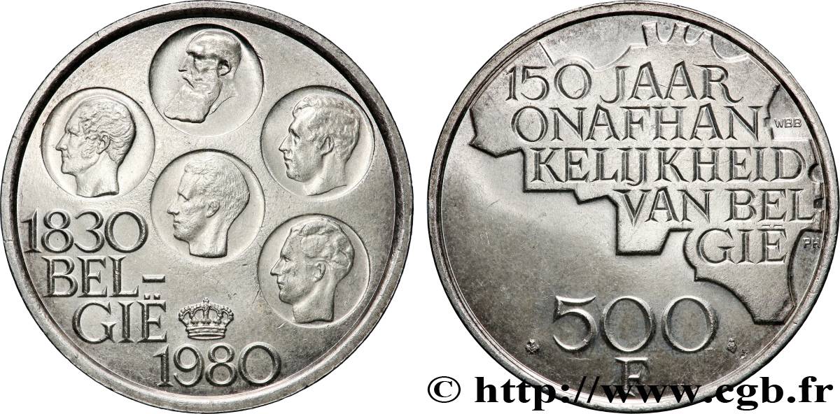 BELGIQUE 500 Francs légende flamande 150e anniversaire de l’indépendance, portrait des 5 rois / carte de Belgique 1980 Bruxelles SUP 