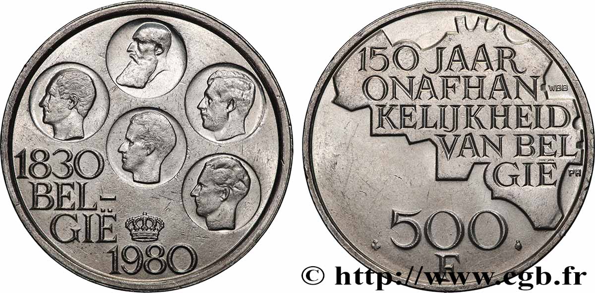BELGIO 500 Francs légende flamande 150e anniversaire de l’indépendance, portrait des 5 rois / carte de Belgique 1980 Bruxelles SPL 