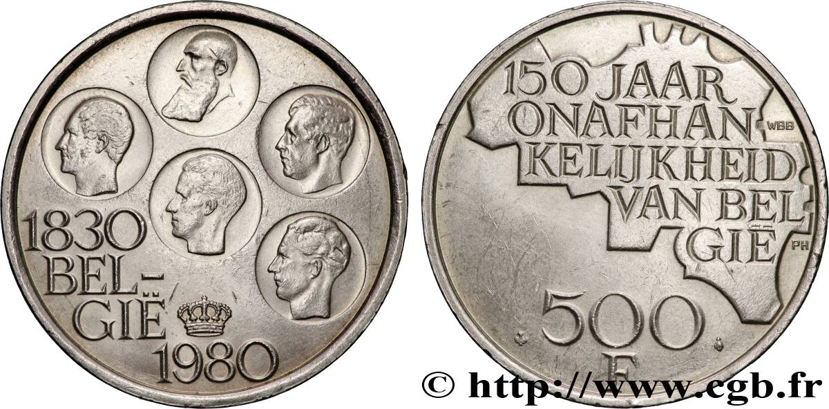 BELGIEN 500 Francs légende flamande 150e anniversaire de l’indépendance, portrait des 5 rois / carte de Belgique 1980 Bruxelles VZ 