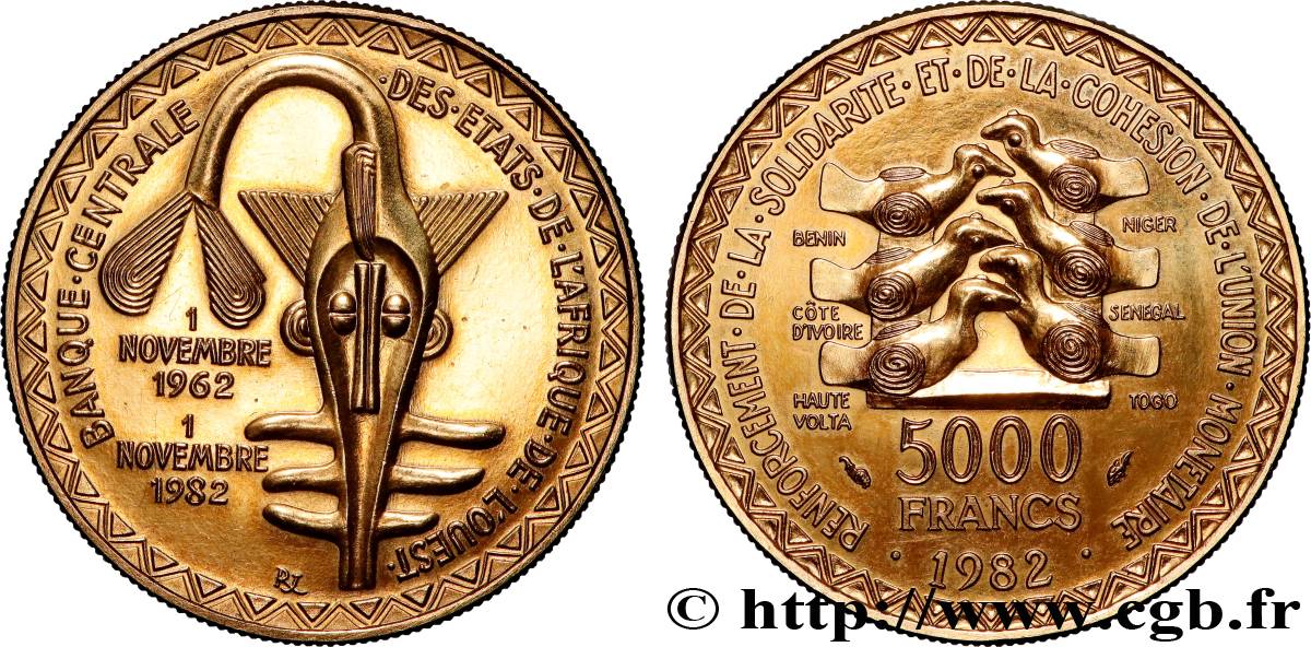 STATI DI L  AFRICA DE L  OVEST 5000 Francs masque / oiseau en or 1982 Paris MS 