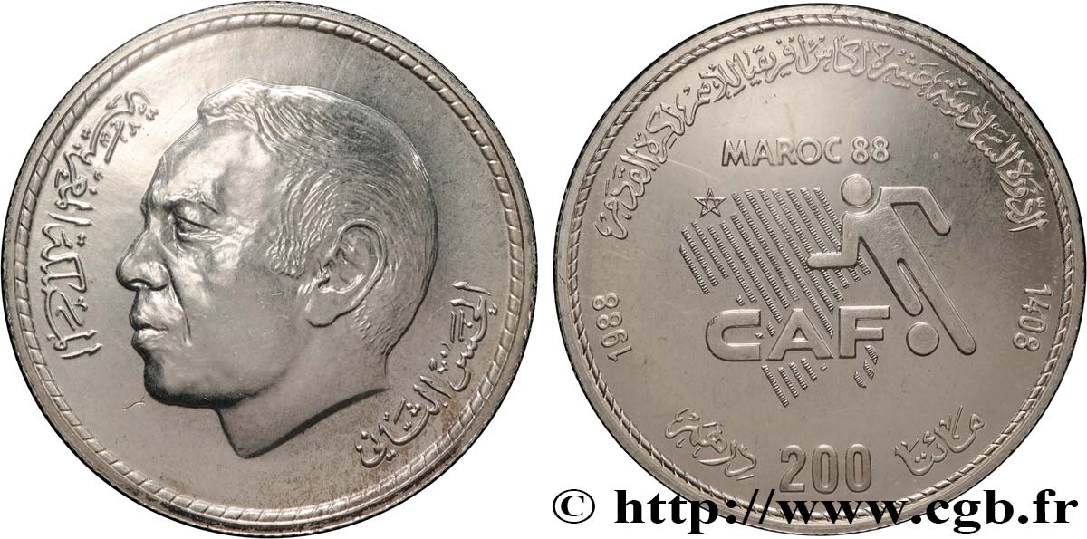MAROC 200 Dirhams Hassan II AH 1408 coupe d’Afrique de Football 1988  SPL 