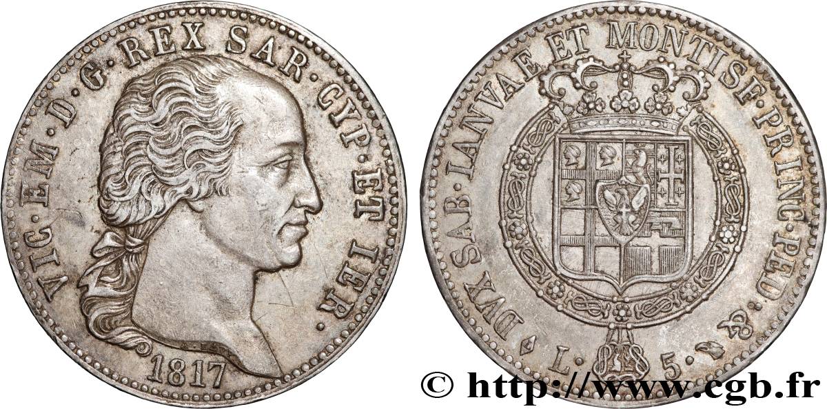 ITALY - KINGDOM OF SARDINIA - VICTOR-EMMANUEL I 5 Lire 1817 Turin AU 