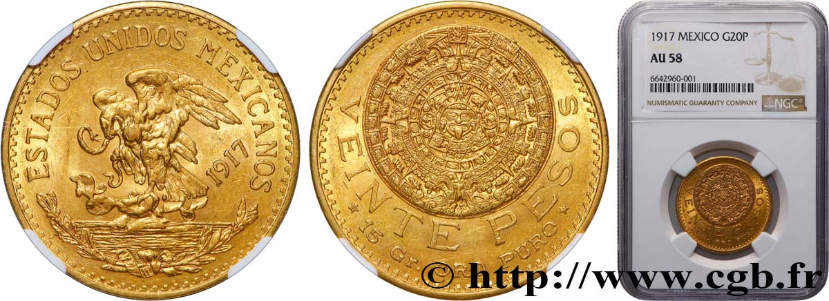 MEXICO 20 Pesos “Pierre du Soleil” (calendrier aztèque) 1917 Mexico AU58 NGC