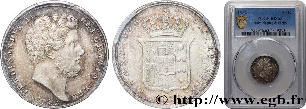 ITALIE - ROYAUME DES DEUX-SICILES - FERDINAND II 20 grana  1852 Naples SPL63 PCGS