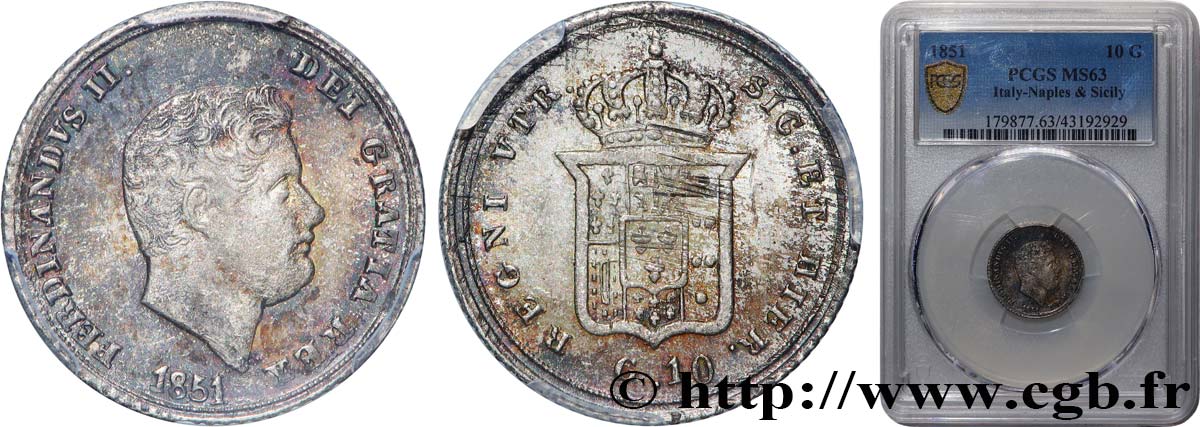 ITALY - KINGDOM OF THE TWO SICILIES - FERDINAND II 10 Grana  1851 Naples MS63 PCGS