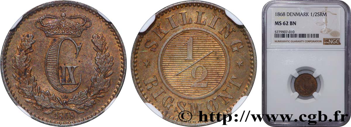 DANEMARK - ROYAUME DU DANEMARK - CHRISTIAN IX 1/2 Skilling Rigsmont 1868 Copenhague SUP62 NGC