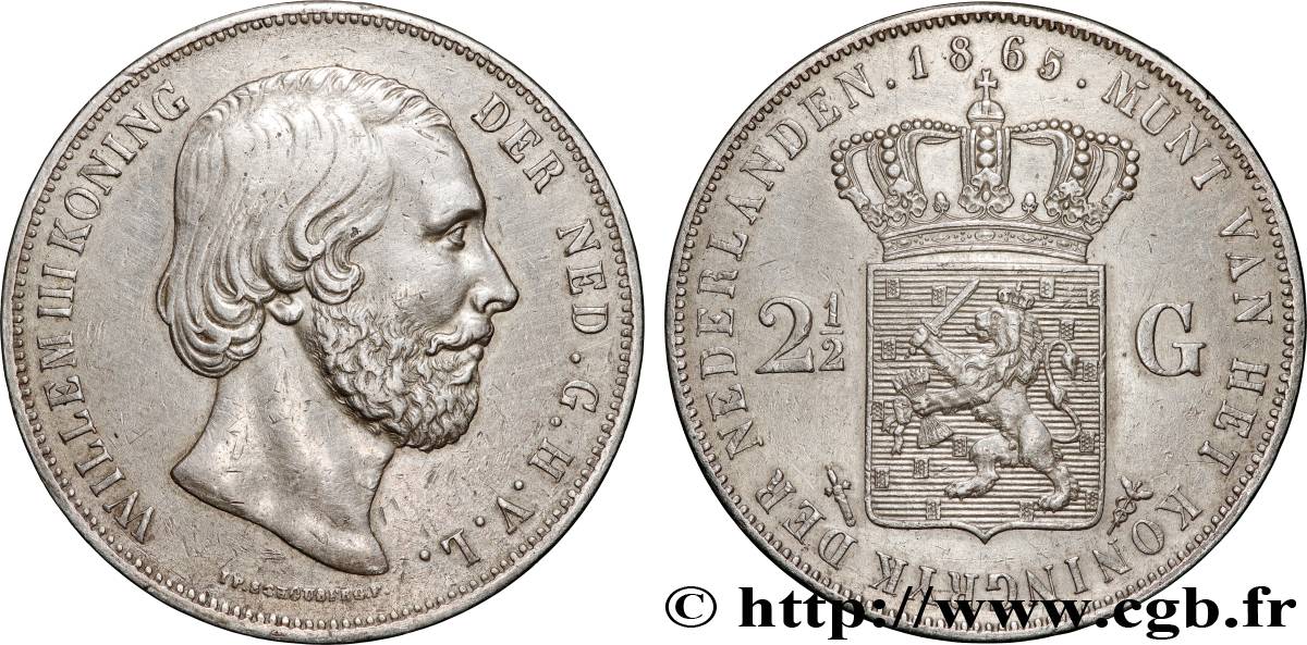 NETHERLANDS - KINGDOM OF THE NETHERLANDS - WILLIAM III 2 1/2 Gulden  1865 Utrecht AU 