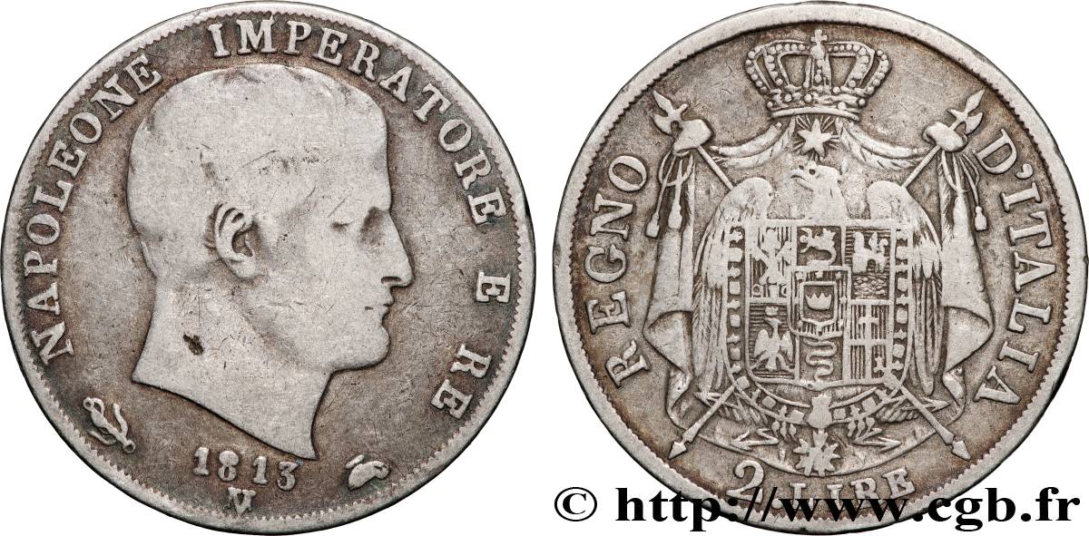 ITALIA - REINO DE ITALIA - NAPOLEóNE I 2 Lire 1813 Venise BC+ 