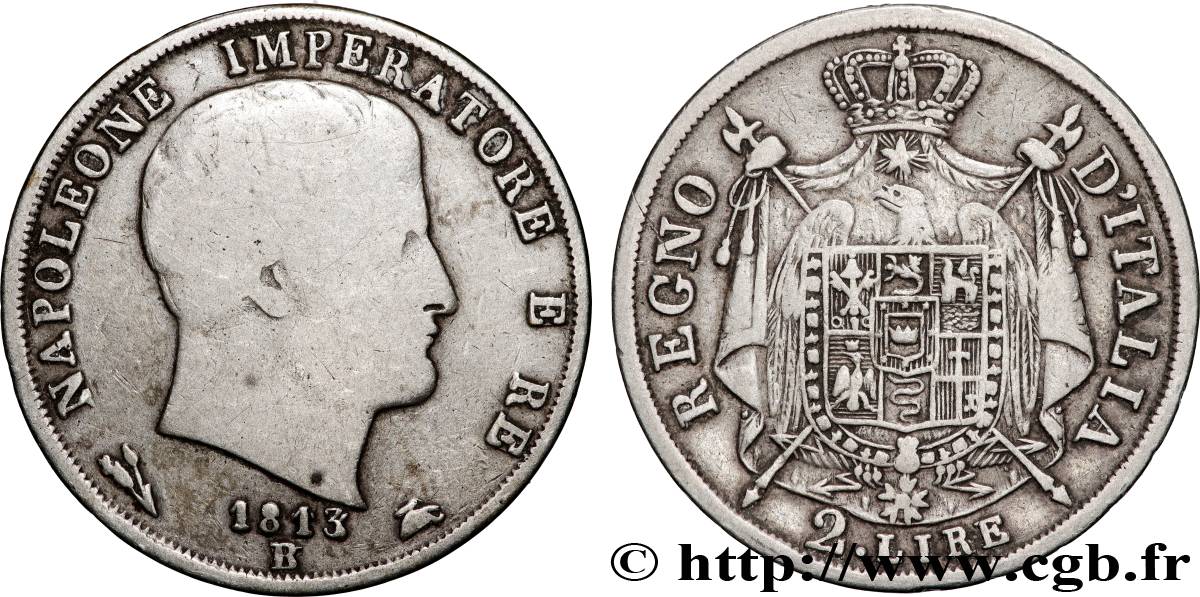 ITALIA - REINO DE ITALIA - NAPOLEóNE I 2 Lire 1813 Bologne BC+ 