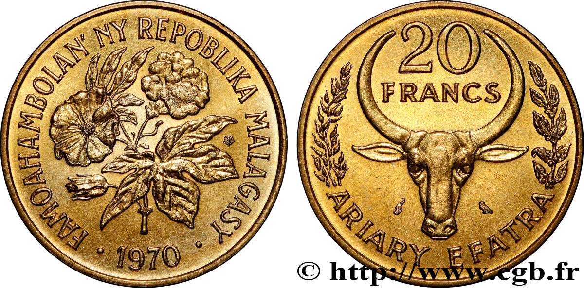 MADAGASKAR 20 Francs - 4 Ariary buffle / fleurs 1970 Paris fST 