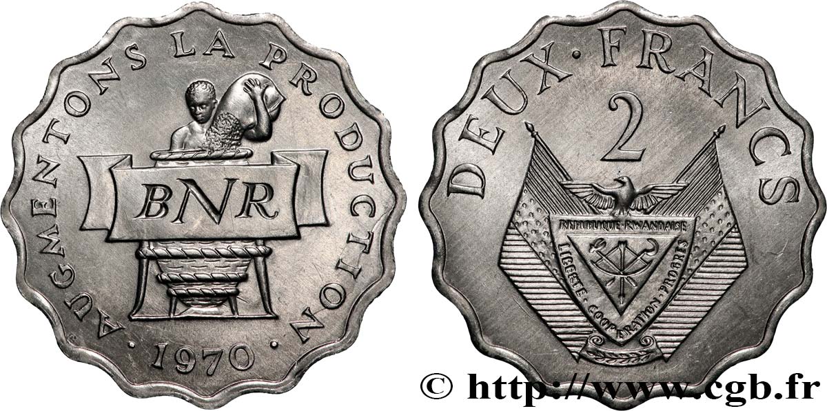 RWANDA 2 Francs emblème 1970 Paris SPL 
