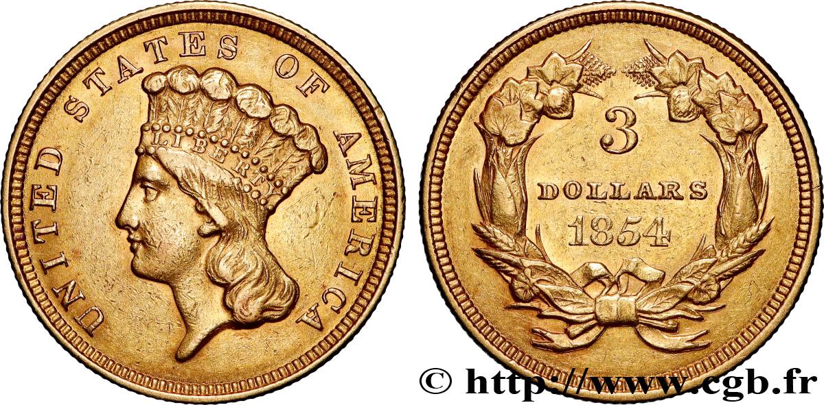 ÉTATS-UNIS D AMÉRIQUE 3 Dollars ”Indian Princess” 1854 Philadelphie AU 