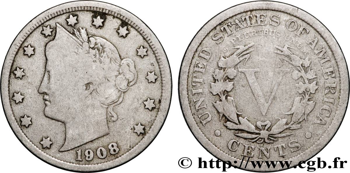 STATI UNITI D AMERICA 5 Cents Liberty 1908 Philadelphie MB 