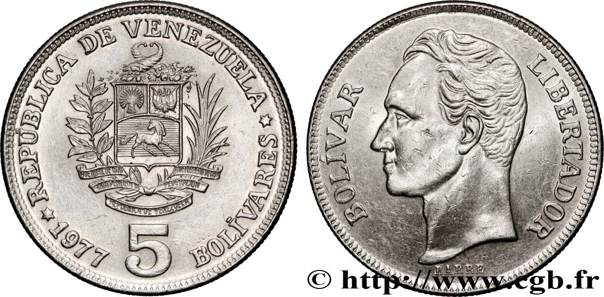 VENEZUELA 5 Bolivares Simon Bolivar 1977 Madrid TTB+ 
