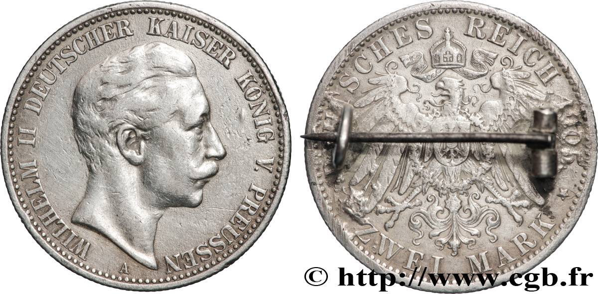 GERMANIA - PRUSSIA 2 Mark Guillaume II (montée en broche) 1905 Berlin BB 