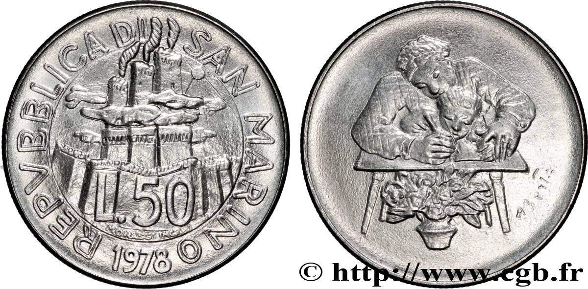 SAN MARINO 50 Lire Vue des 3 chateaux /  élève et institutrice 1978 Rome - R MS 